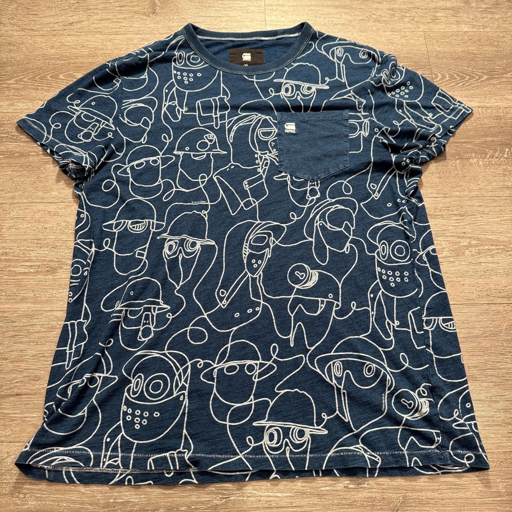 G-Star RAW Graphic Tee Mens XL Blue 100% Cotton Line Art Pocket T-Shirt Casual